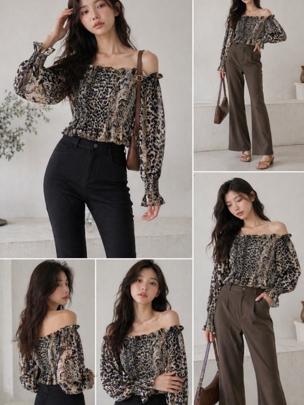 Smocked Off-Shoulder Leopard Print Blouse - Neutral Tones